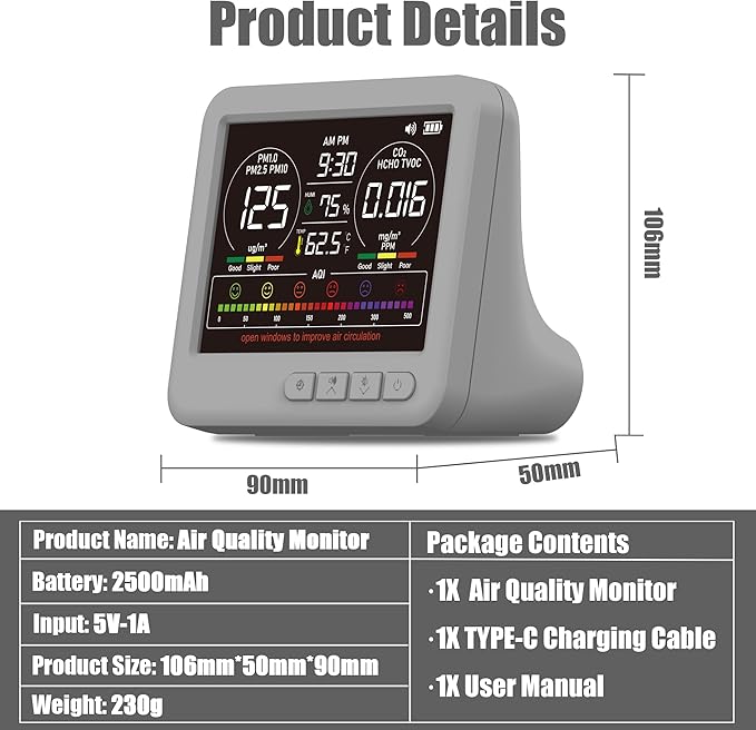 Professional Indoor Air Quality Monitor with 7X AQI,16 in 1 Portable Real-Time Detector for PM2.5 | PM10 | CO2 | TVOC | HCHO | Temp | Hum for Home Cars Plants Pets (Gray) - Image 6
