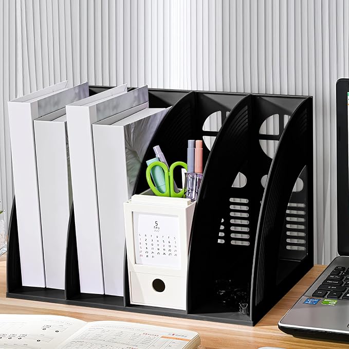 Marte Vanci Magazine File Holder Vertical PP Folder Book Desktop Organizer Plastic Storage Sturdy Vertical 4 Section Folder Black - Image 5