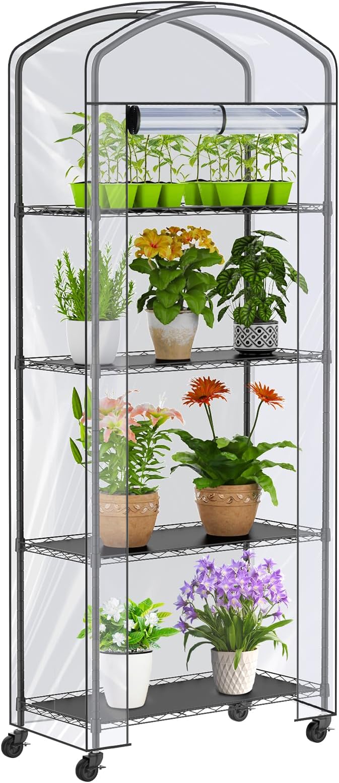 Abimars 4-Tier Greenhouse with Wheels, Height-Adjustable Shelves Metal Plant Shelf with PVC Cover for Seed Starting Trays, Seedling Pots, Plant Pots, 13x29x73inch by Abimars