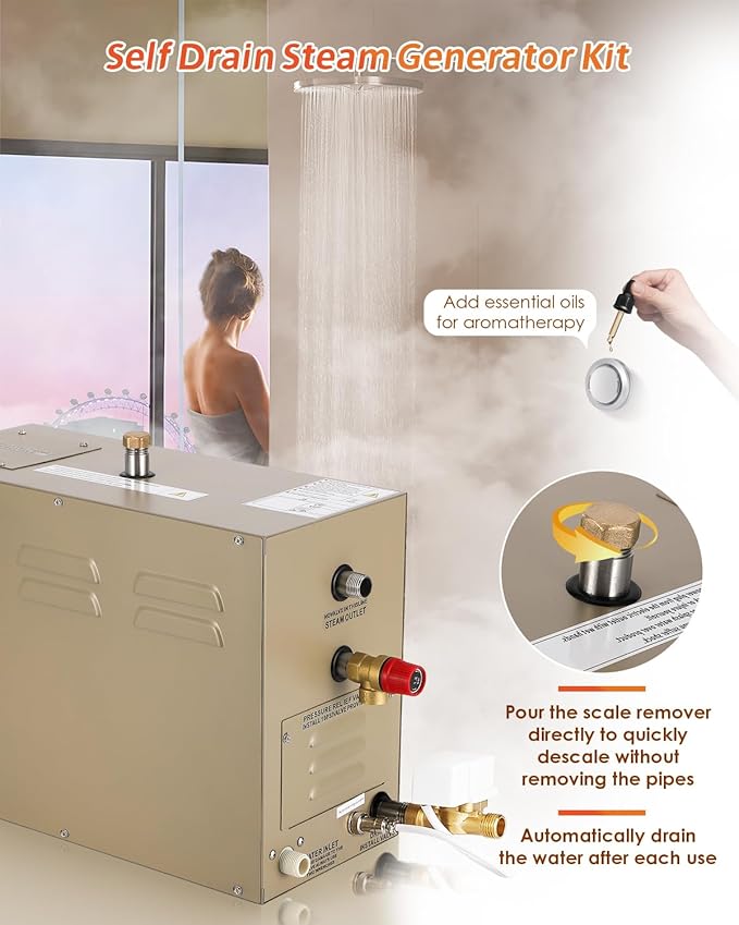 Steam Shower Generator Kit 10.5KW for Bath Sauna SPA, Self-draining System, Aromatherapy Steam Head, LED Touchscreen Controller, 12-Hour Timer 77-131℉ For Home Commercial Use - Image 4