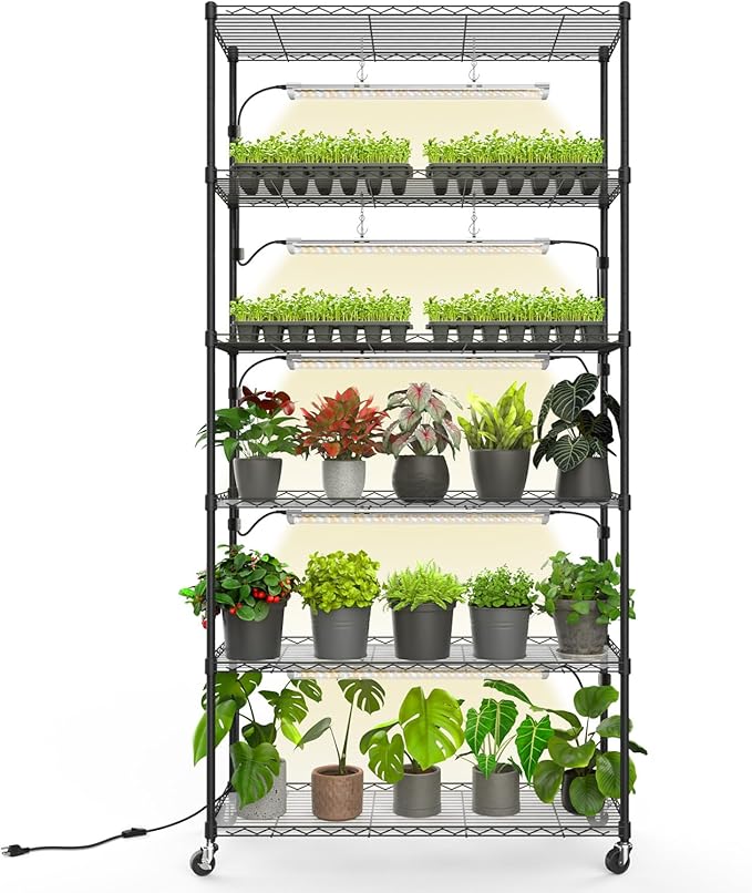 Bstrip Plant Shelf with Grow Light, Metal Plant Stand with Adjustable Rack and Wheels, 5 Pack T8 Full Spectrum Grow Light Strip for Indoor Plants, Seed Starting, Seed Tray, 35.4"x13.8"x71" by Bstrip
