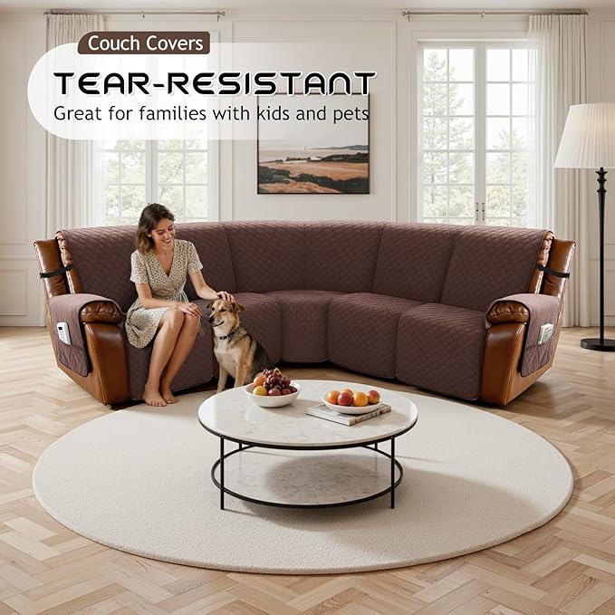 Arfntevss Waterproof Recliner Sectional Couch Covers for Reclining Sectional L Shape Sofa Cover Non Slip Washable Recliner L Shaped Slipcover Dog Additional Seat Protector (1 Seat Cover, Dark Brown) - Image 7