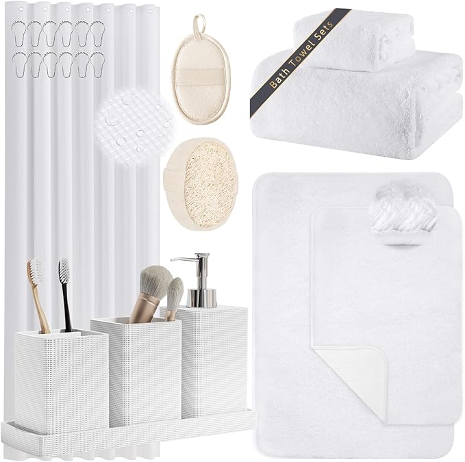 White Bathroom Set, White Bathroom Accessories Set with Shower Curtain and Rugs, Bath Towel Set, Natural Loofah Sponge, Soap Dispenser, Toothbrush Holder, Bathroom Tumbler and Tray for Bathroom by LetUsMakeHomeYourFavoriteDestination