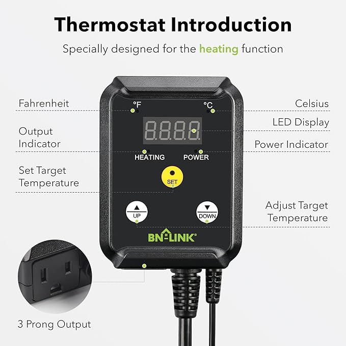 BN-LINK Reptile Thermostat Temperature Controller, Digital Heat Mat Thermostat for Seed Starting, Plant Germination, Greenhouse, Incubator, Brooder, Brewing, Reptiles Tank,40-108°F, 1000W, ETL Listed - Image 2