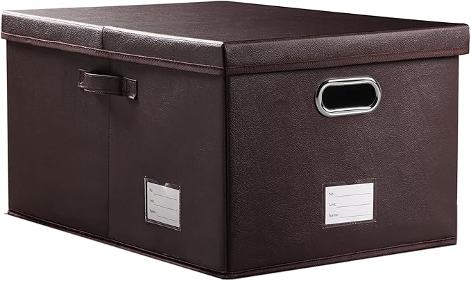 PRANDOM Collapsible Storage Box with Lid [1-Pack] Leather Fabric Foldable Storage Bin Organizer Container Basket Cube with Cover for Home Bedroom Closet Office Nursery Brown (22.8X15.7X11.8) by Prandom