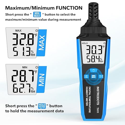 Temperature Humidity Meter, High Precision Digital Hygrometer with Ambient, Dew Point, Wet Bulb Temperature for Indoor Outdoor, Thermometer with Min/Max, Data Hold, LCD Backlight, TH11 - Image 5