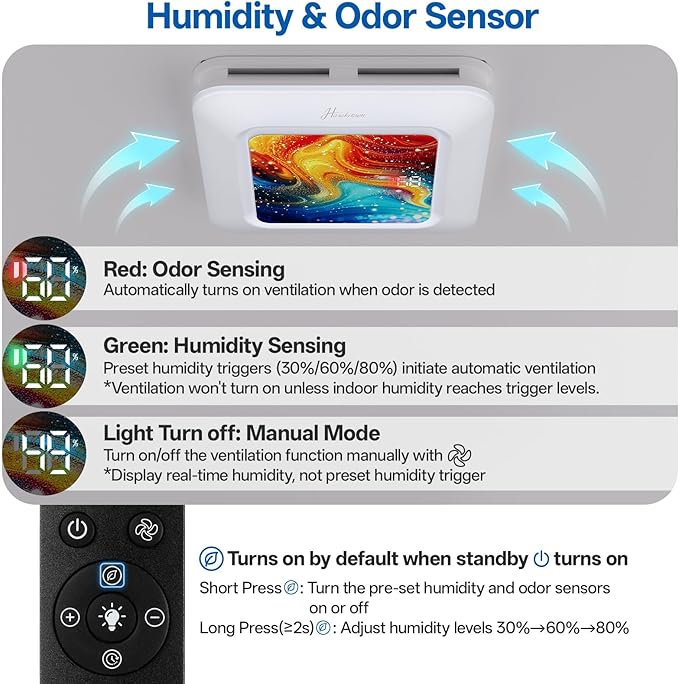 Bathroom Exhaust Fan with Light Humidity Sensor, Bathroom Fan with Humidity Sensor, 230 CFM 1.0 Sone Exhaust Fan, Venlitation Fan with 3CCT LED Light 7 LED Color, Remote Control Easy Install - Image 3