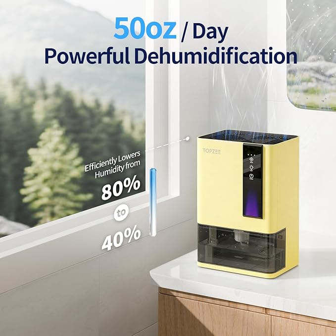 Dehumidifiers for Home, Dehumidifier for Bedroom Bathroom Basement with Auto Shut Off, Dual-Semiconductor Quiet Dehumidifier, Yellow - Image 2