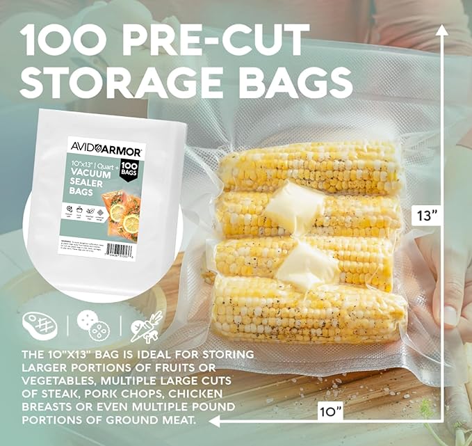 Avid Armor Vacuum Sealer Bags QUART PLUS Size 10"x13" 100 Pack for Food Saver and Seal A Meal Vac Sealers BPA Free Commercial Grade Sous Vide Vaccume Safe, Heavy Duty Universal Precut Storage Bag - Image 5