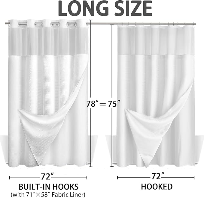 No Hook Shower Curtain and Liner Set,White Hotel Waffle Shower Curtain with Liner 78" L x 72" W - Image 6