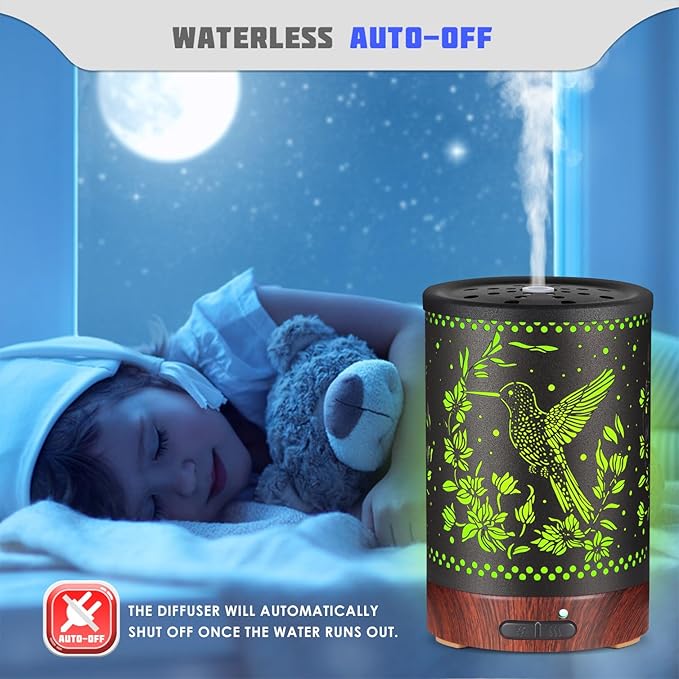 Metal Essential Oils Diffuser 150ML Aromatherapy Diffuser Cool Mist Humidifier with 7 Colors Lights Waterless Auto Off Air Diffusers as Gifts for Moms Women Girls (E-Hummingbird) - Image 5