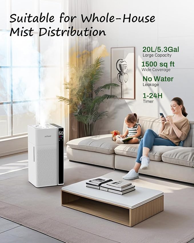 Mifasol Humidifier Large Room, 5.3Gal/20L Large Humidifiers for Home 1500 sq ft, Cool Mist Humidifiers for Bedroom, Whole House Humidifiers for Large Room Plants Office, White - Image 2