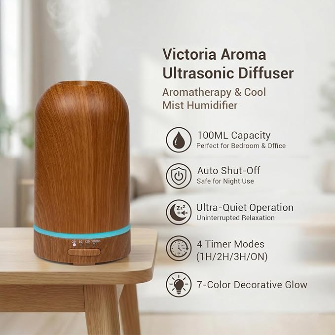 Ultrasonic Essential Oil Diffuser 100ML - Cool Mist Humidifier, 7-Color LED Lights, 3 Timer & Auto Shut-Off, Ideal Gift for Home Bedroom Office (Wood Brown) - Image 2