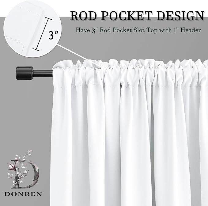 DONREN Pure White Room Darkening Curtains for Bedroom,63 inches Long Thermal Insulated Curtains and Drapes Small Window Decor Privacy Shades for Kitchen,W52 x L63 inch,2 Panels - Image 2