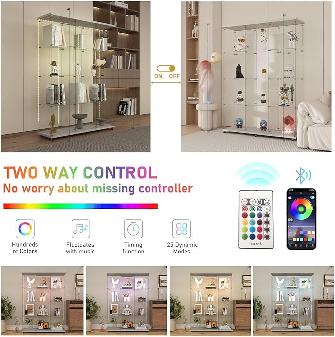 Yoluckea 4 Tiers Glass Display Cabinet Extra Large with Bluetooth LED Light Strip, 2 Doors Floor Standing Curio Cabinet with Universal Wheel for Home, White Glass Bookshelf for Collections, Wood Top - Image 3
