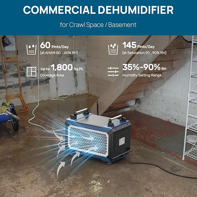 ARGENDON Crawl Spaces Dehumidifier with Pump and Drain Hose, 145 Pint Commercial Dehumidifier for Basement, Large Spaces, Auto Defrost, Compact, 5 Years Limited Warranty - Image 4