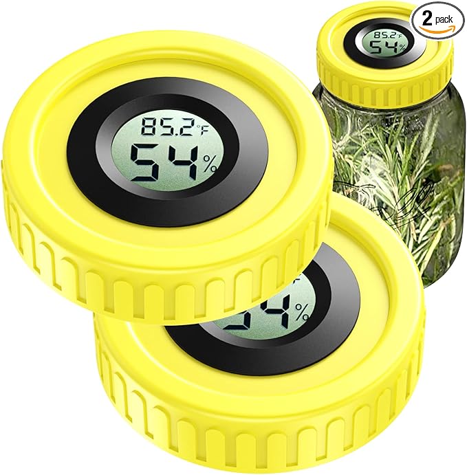 Mason Jar Lids Built-In Stash Hygrometer Herb Curing monitor fits all Wide Mouth/Regular Mouth Mason Jars humidity lid 2pcs (70mm, Yellow) by ZHANXUBIO