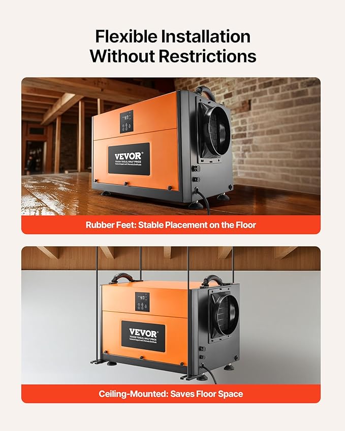 VEVOR 156 Pints Commercial Dehumidifier with Drain Hose, Portable Crawl Space Dehumidifiers for Basement Storage Room Industrial Grade, Auto Defrost/Drainage, Heavy-duty Galvanized Steel, LED Indicate - Image 5