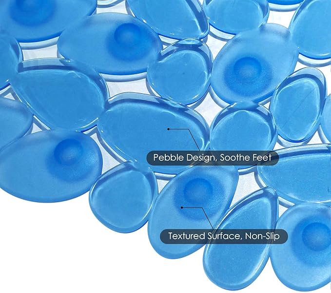 WELTRXE Non Slip Bathtub Mat, 35 x 16 Inches Bathroom Pebbles Shower Mat with Suction Cups, Drain Holes, Suction Bath Mats for Tub Machine Washable - Clear Blue - Image 3