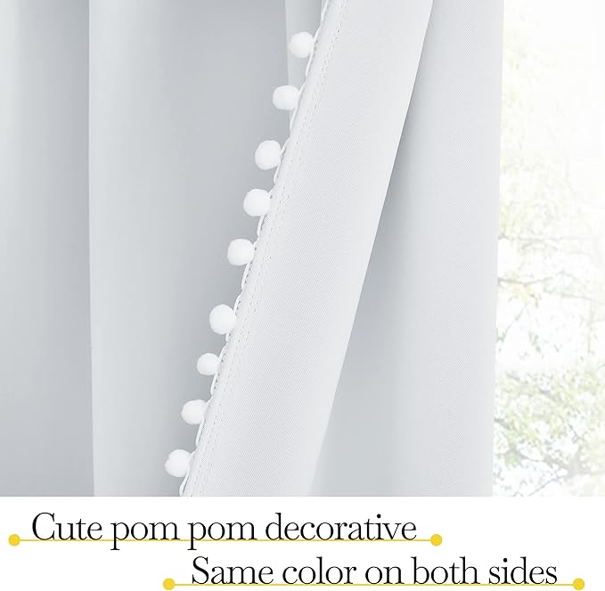 NICETOWN Pom Poms Trimming Blackout Curtains, Farmhouse Blackout Window Curtains Set of 2 Panels, Thick Thermal Insulated Vertical Drapes for Girls Boys Room Playroom, Greyish White, W52 x L84 inch - Image 4