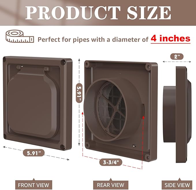 Dryer Vent Cover Outside 4 inch, Magnetic Door Design, Durable Airflow Vent with Lint Trap Screen, Thickened Material, 6 inch x 6 inch Size, Brown - Image 2