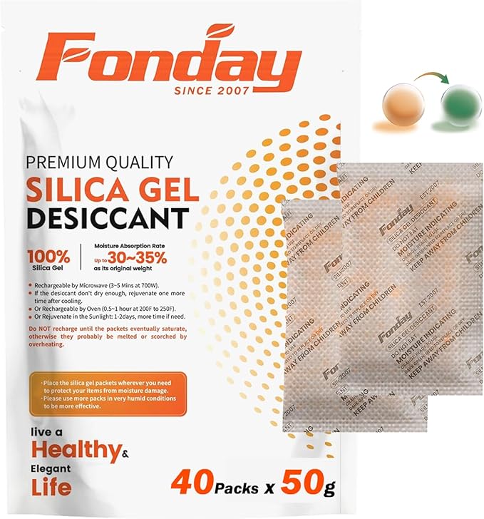 50g x 40 Packs Fonday Rechargeable Silica Gel Desiccant Packets Food Grade Fast Reactivate Desiccant Bags Moisture Indicating Orange to Green for Food Storage, Electronics, 3D Filament & Safes by Fonday