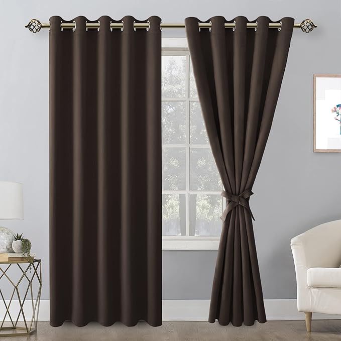 Hiasan Blackout Curtains for Bedroom, 60 x 84 Inches Long - Thermal Insulated & Light Blocking Window Curtains for Living Room, 2 Drape Panels Sewn with Tiebacks, Brown - Image 2
