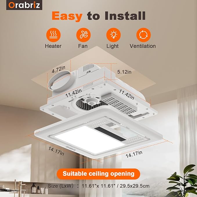 4-in-1 Bathroom Exhaust Fan with Dual-Mode Heater and LED Light, 110 CFM Quiet Ceiling Vent Fan, 1300W Heating Power, 1.0 Sone Ultra Silent Bath Fan with Light, Ventilation, and Remote Control - Image 3
