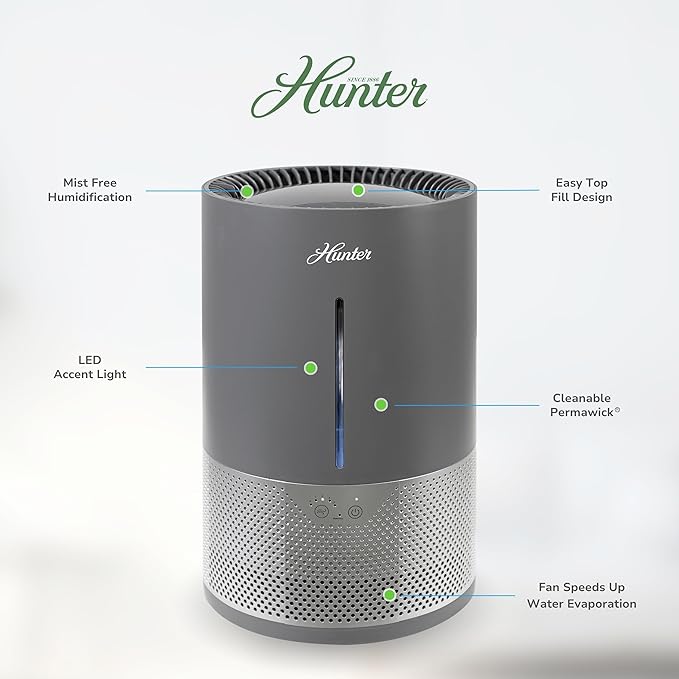 HHE150 Hunter Aspire 4.8L Evaporative Humidifier with PermaWick Filter (4.8L) - Remove Contaminants & White Dust for Clean Mist & Air – Medium Humidifier for Home, Bedroom, or Dorm - Graphite - Image 2