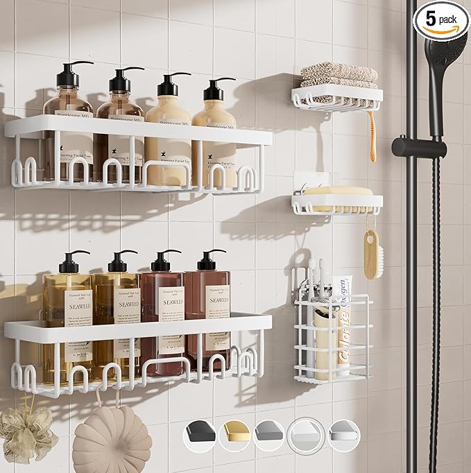 Veken Adhesive Shower Caddy 5-Pack,Heavy Weight Bearing,Large Wall Mounted Shower Shelves Rack,Organizer Storage Accessories with Soap Dish&Toothbrush Holder,Ideal for Bathroom,Home&Kitchen,White by Veken