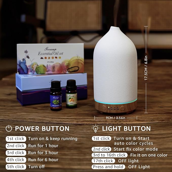 200ML Ceramic Essential Oil Diffuser - Ultrasonic Aromatherapy & Humidifier with 7-Color LED Lights, Auto Shut-Off, Wood Grain Base, 1H/3H/6H Timer | Scent for Home, Office, Yoga - Image 6
