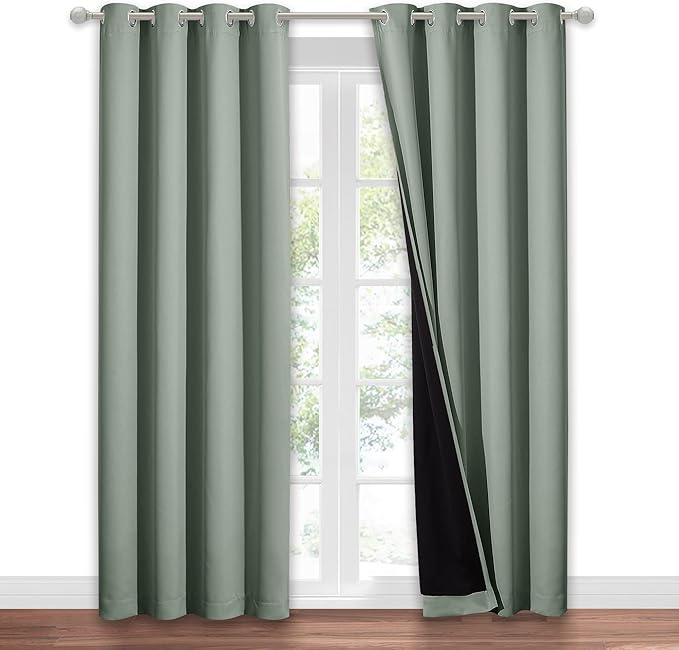 NICETOWN Greyish Green 100% Blackout Window Curtain Panel, Cold and Full Light Blocking Drape with Black Liner for Nursery, 84 inches Drop Thermal Insulated Draperies (1 PC, 52 inches Wide Each Panel) - Image 2