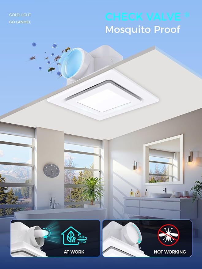 Bathroom Exhaust Fan with Light, 10" Panel Bathroom Ceiling Ventilation Fan (8x8 Mount), 112 CFM 1.0 Sones, Quiet Square Bath Fan Light Combo for Bathrooms, Shower, Office, Restroom Etc - Image 8