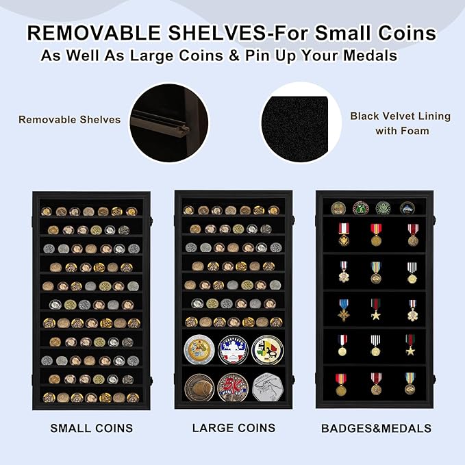 Jinchuan Military Challenge Coin Display Case Lockable Cabinet Holder Shadow Box with Removable 2 Grooves Shelves and Anti Fade Acrylic Glass for Casino Poker Chips Collectibles, Extra Large - Black - Image 4