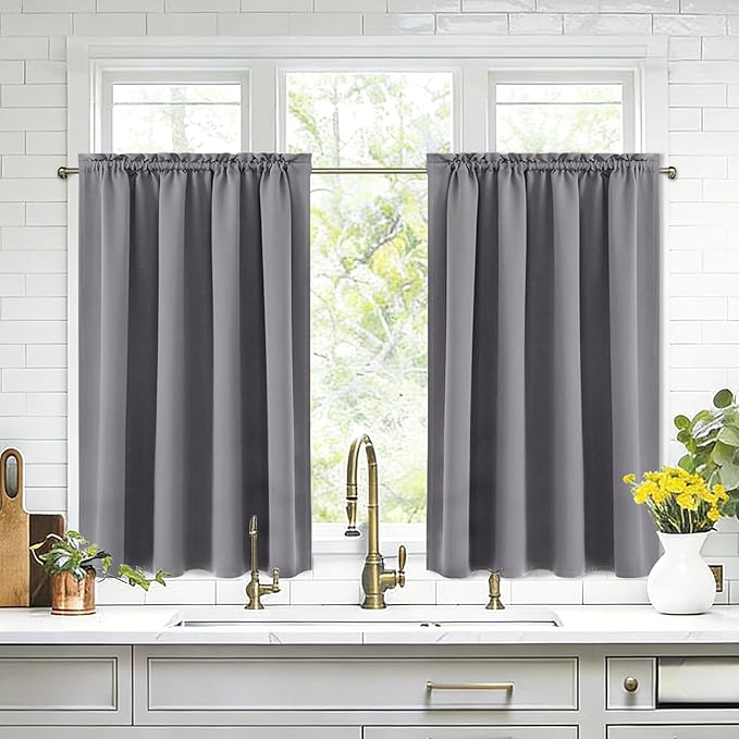 DWCN Short Grey Blackout Curtains for Small Window, Thermal Insulated Energy Saving Room Darkening Curtains for Kitchen/Bedroom (W42 x L36 inch, Set of 2 Panels, Top of Rod Pocket) by DWCN
