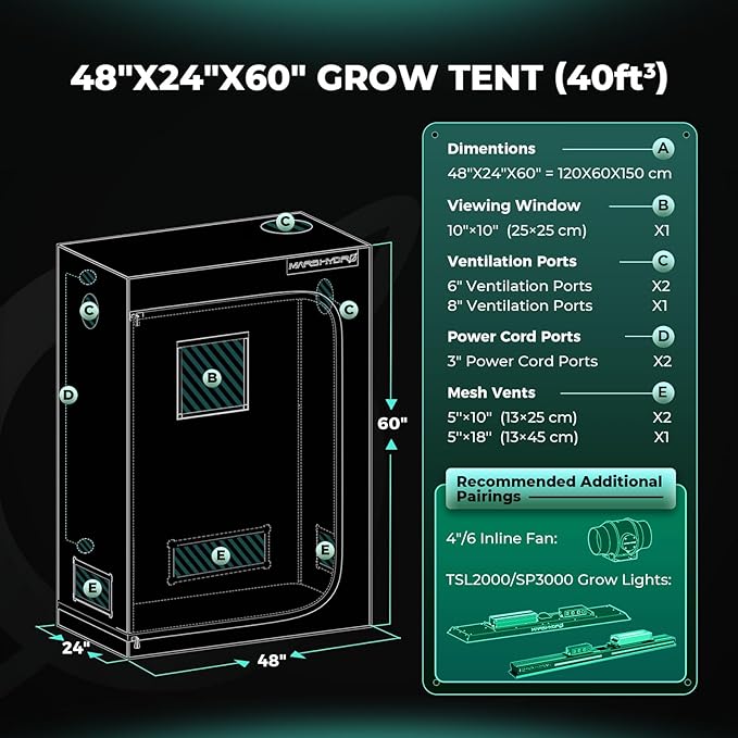 MARS HYDRO 4x2x5 Advanced Grow Tent, 48"x24"x60" High Reflective Mylar 1680D for Hydroponics Indoor Plant Growing, with Observation Window,Floor Tray and Smooth Zipper for TSL2000/SP3000 - Image 9