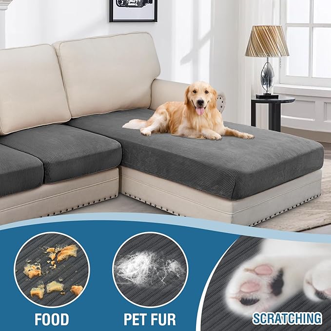 H.VERSAILTEX Velvet Stretch Sectional Couch Covers 4 Pieces Sofa Seat Cushion Covers L Shape Separate Cushion for Both Left/Right Couch (Large Sofa 3 Seater + 1 Chaise, Grey Striped) - Image 3