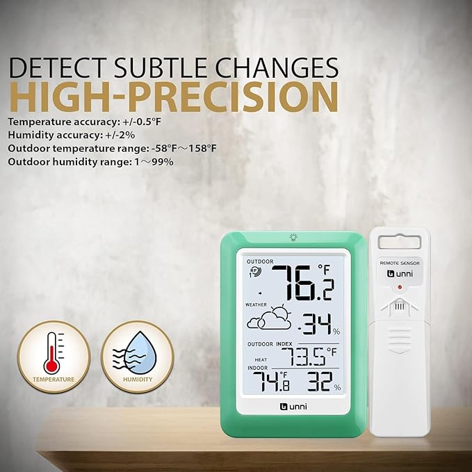 Indoor Outdoor Thermometer Wireless, Temperature Humidity Monitor Battery Powered Inside Outside Thermometers with 330ft Range Remote Sensor(Green) - Image 4