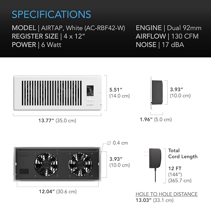AC Infinity AIRTAP T4 White, Register Booster Fan for 4” x 12” Register Holes, Improves Heating & Cooling Vents, Quiet 10-Speeds, Bluetooth App Control Data Alerts. ONLY FITS 4” x 12” Duct Openings - Image 6