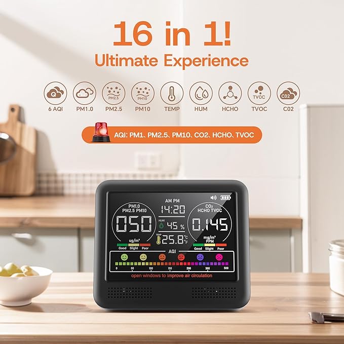 16-in-1 Indoor Air Quality Monitor with PM1.0,PM2.5,PM10,CO2,HCHO,TVOC,Temperature,Humidity,Time Display &7 AQI Alarms – Professional Air Quality Tester for Home, Office & Indoor Use (Shinning Black) - Image 2