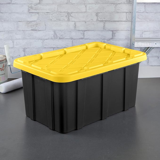 Sterilite 17 Gal Industrial Tote, Stackable Storage Bin with Snap-Fit Lid for Garage, Basement & Attic Storage, Black Base and Yellow Lily Lid, 6-Pack - Image 5