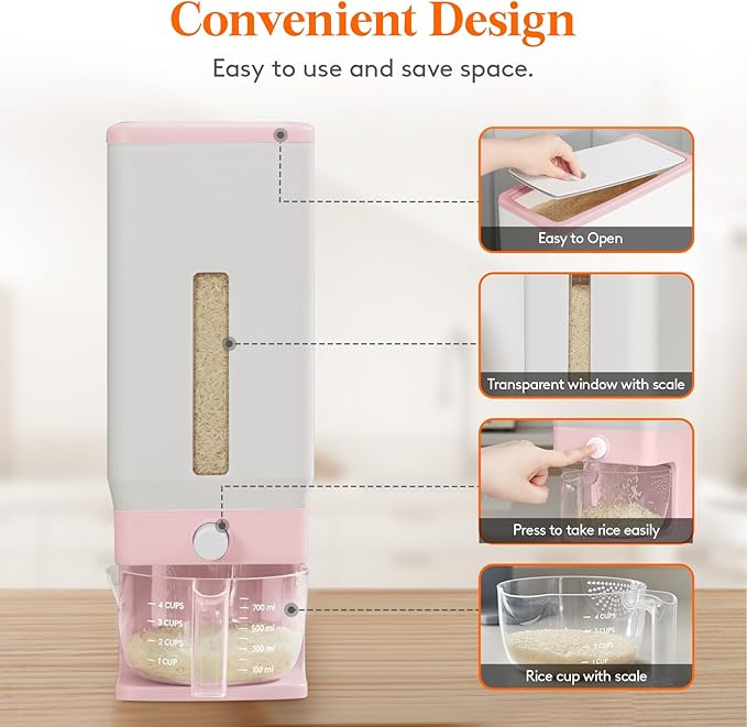 Lifewit Rice Dispenser 25 Lbs(11.3kg), Rice Storage Container Sealed Moisture Proof with Measuring Cup for Kitchen Pantry Household, BPA-Free, 1 Pack Pink - Image 4