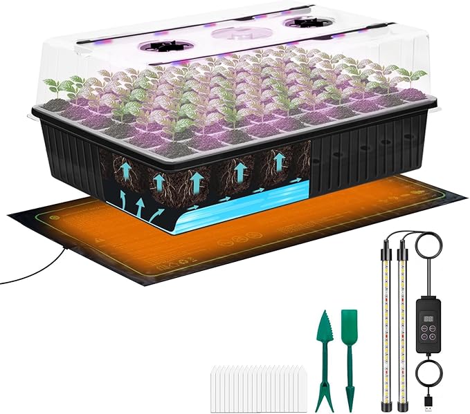 60-Cell Self-Watering Seed Starter Tray with Grow Light, Indoor Seed Starting Kit Trays with Heat Mat, Adjustable Brightness Plant Germination Trays Growing Kit with 4.13" Humidity Dome for Seeds Grow by Unknown