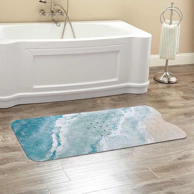 Beach Bathtub Mat Non Slip, Baby Bath Mat for Tub Rubber Tub Mat, Kids Bath Mats for Bathroom Ocean Waves Anti Slip Shower Mat with Suction and Drain Holes Machine Washable, 40″X16″ - Image 6