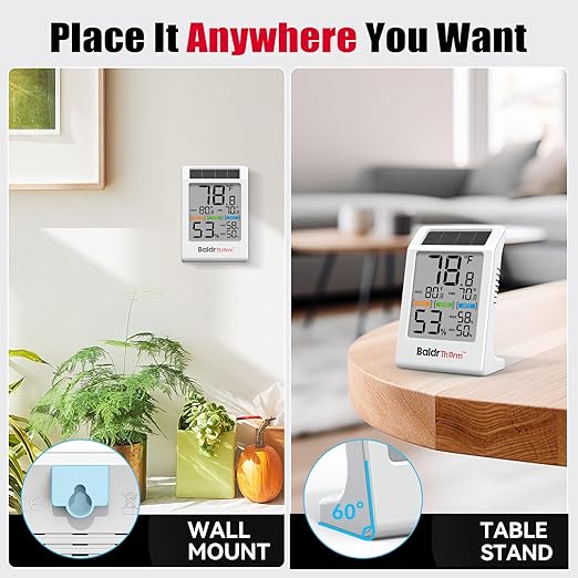 BaldrTherm Room Thermometer Indoor Humidity Meter Solar Powered with Max/Min Memory & Comfort Indicator - 3.2" Large Display for Home, White, 2Pack - Image 7