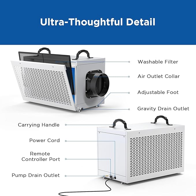 235 Pints Commercial Dehumidifier with Pump Crawl Space Dehumidifiers for Basement with Drain Hose Water Damage Restoration Unit Ideal for up to 8,000 sq ft Industrial and Job Sites - Image 7