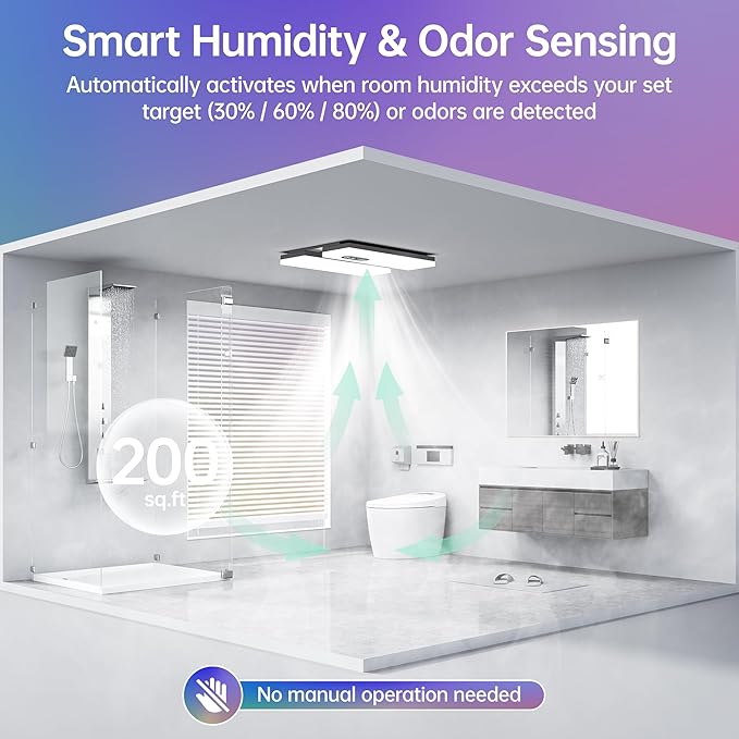 Bathroom Exhaust Fan with Heater, Light, Bluetooth Speaker, Odor & Humidity Sensors, 230 CFM Quiet Ceiling Fan with 3 Dynamic RGB Lighting, 3CCT - Remote App Control - Compatible with Alexa - Image 3