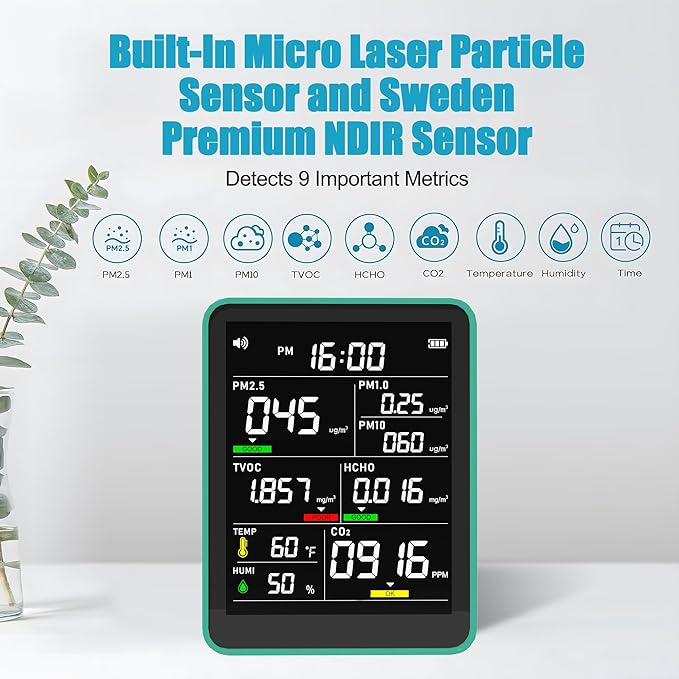 XOOPON 13-in-1 Indoor Air Quality Monitor with PM1.0/2.5/10, CO2, HCHO, TVOC, Temp, Humidity & Time, 4 Alarm Modes, Portable Air Quality Tester for Home, Office, Car, Wall-Mount or Desktop Use - Image 2