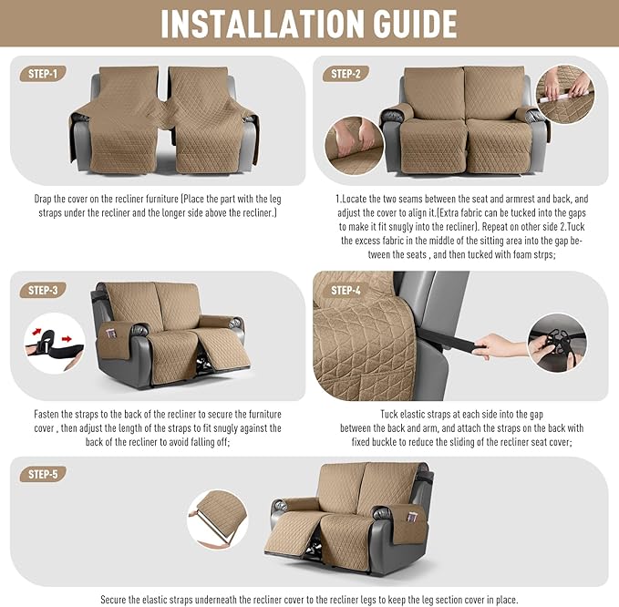 TAOCOCO 100% Waterproof Recliner Cover, Non-Slip Washable Reclining Couch Cover with Elastic Leg Straps, Furniture Protector for Dogs (Camel, 3 Seater) - Image 7