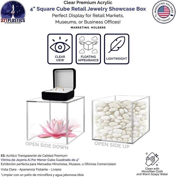 Marketing Holders 4" Acrylic Display Riser Box with One Open Side Versatile Clear Square Retail Merchandise Storage Bin or Product Platform No Assembly - Image 4